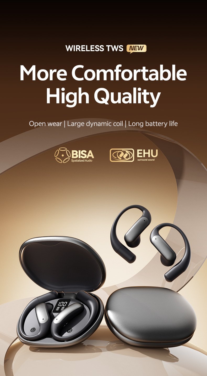 m129 ear hook bluetooth headphones, open back, wireless, long battery life, digital display