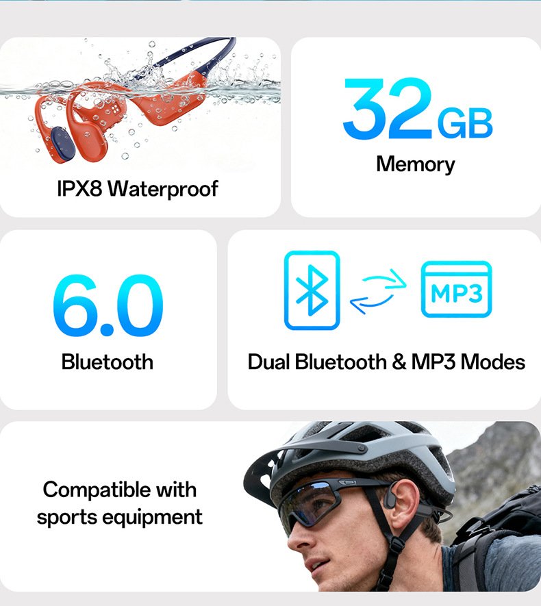 x5 bone conduction bluetooth headphones for swimming & running — professional ipx8 waterproof, 32gb storage, sports noise cancellation