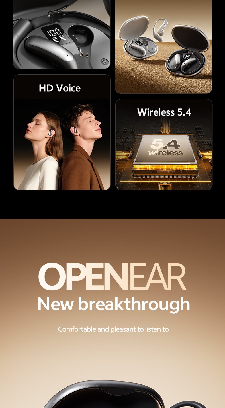 m129 ear hook bluetooth headphones, open back, wireless, long battery life, digital display