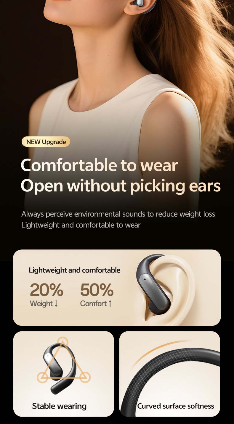 m129 ear hook bluetooth headphones, open back, wireless, long battery life, digital display
