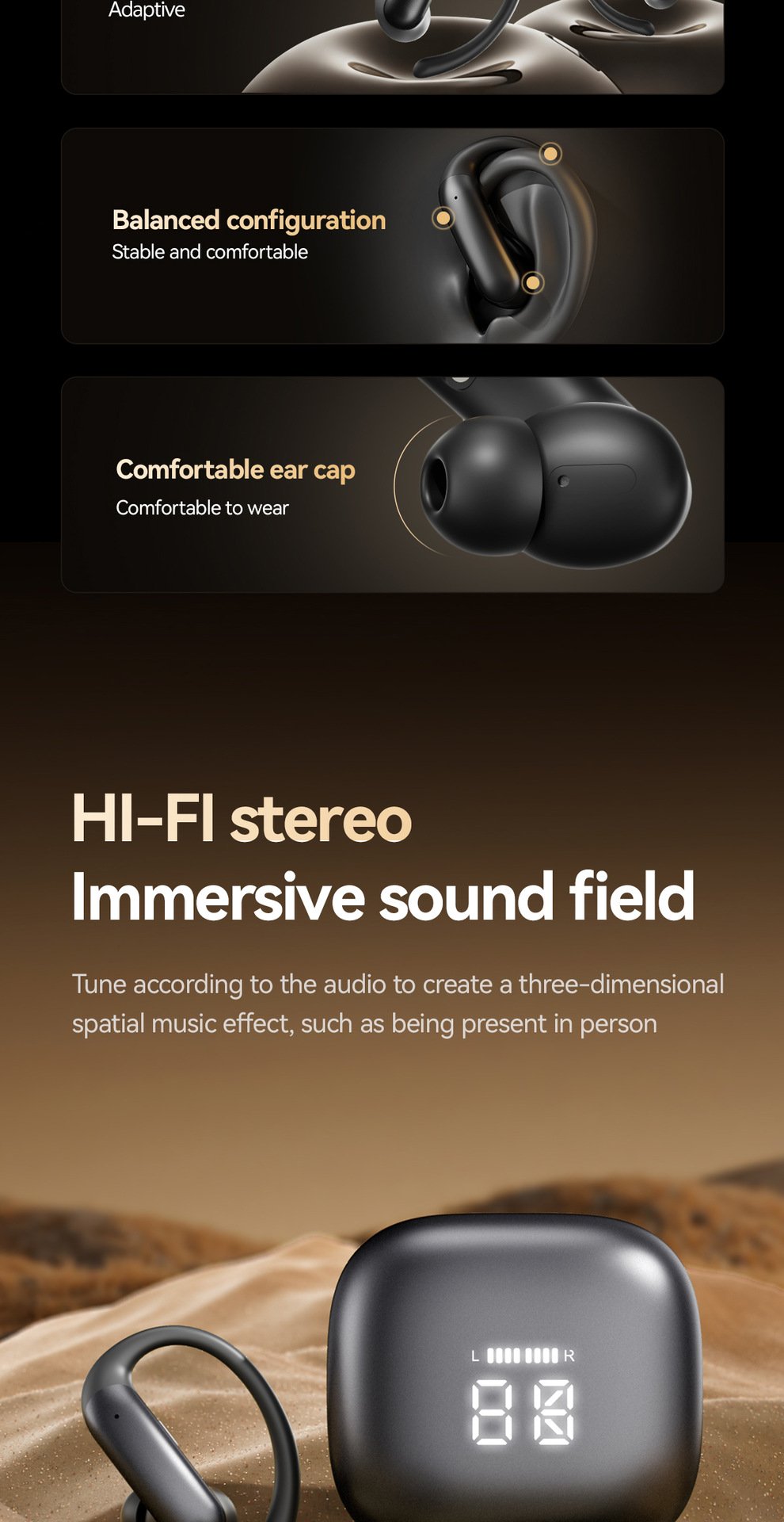 m145 ear hook bluetooth headphones — digital display, ows open ear design (insertable), ultra long battery life