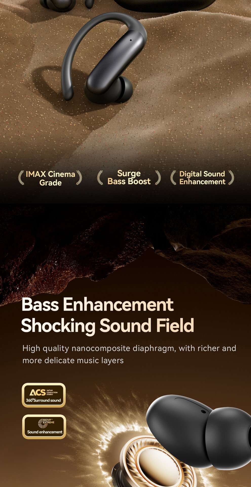 m145 ear hook bluetooth headphones — digital display, ows open ear design (insertable), ultra long battery life