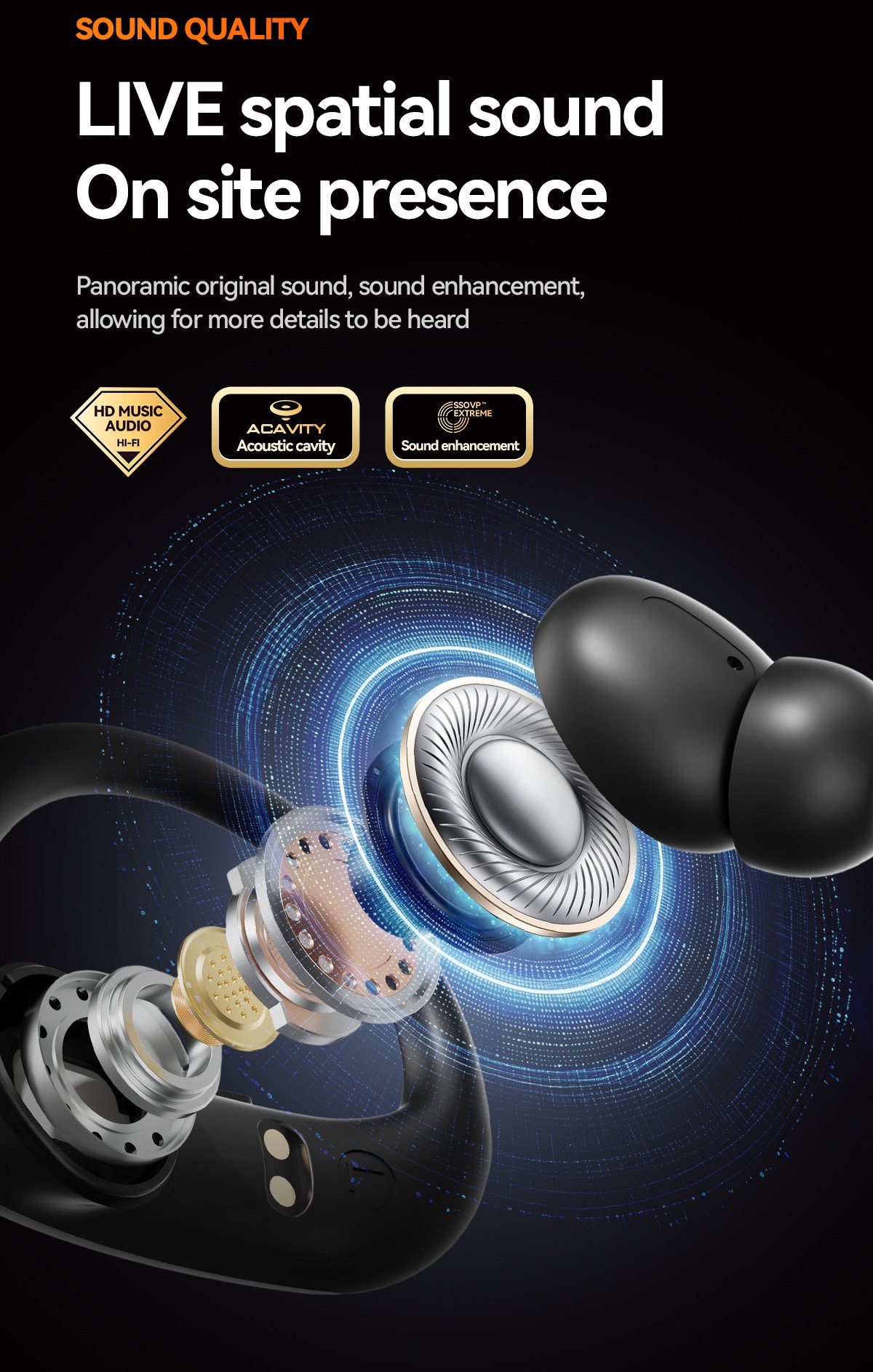 m145 ear hook bluetooth headphones — digital display, ows open ear design (insertable), ultra long battery life