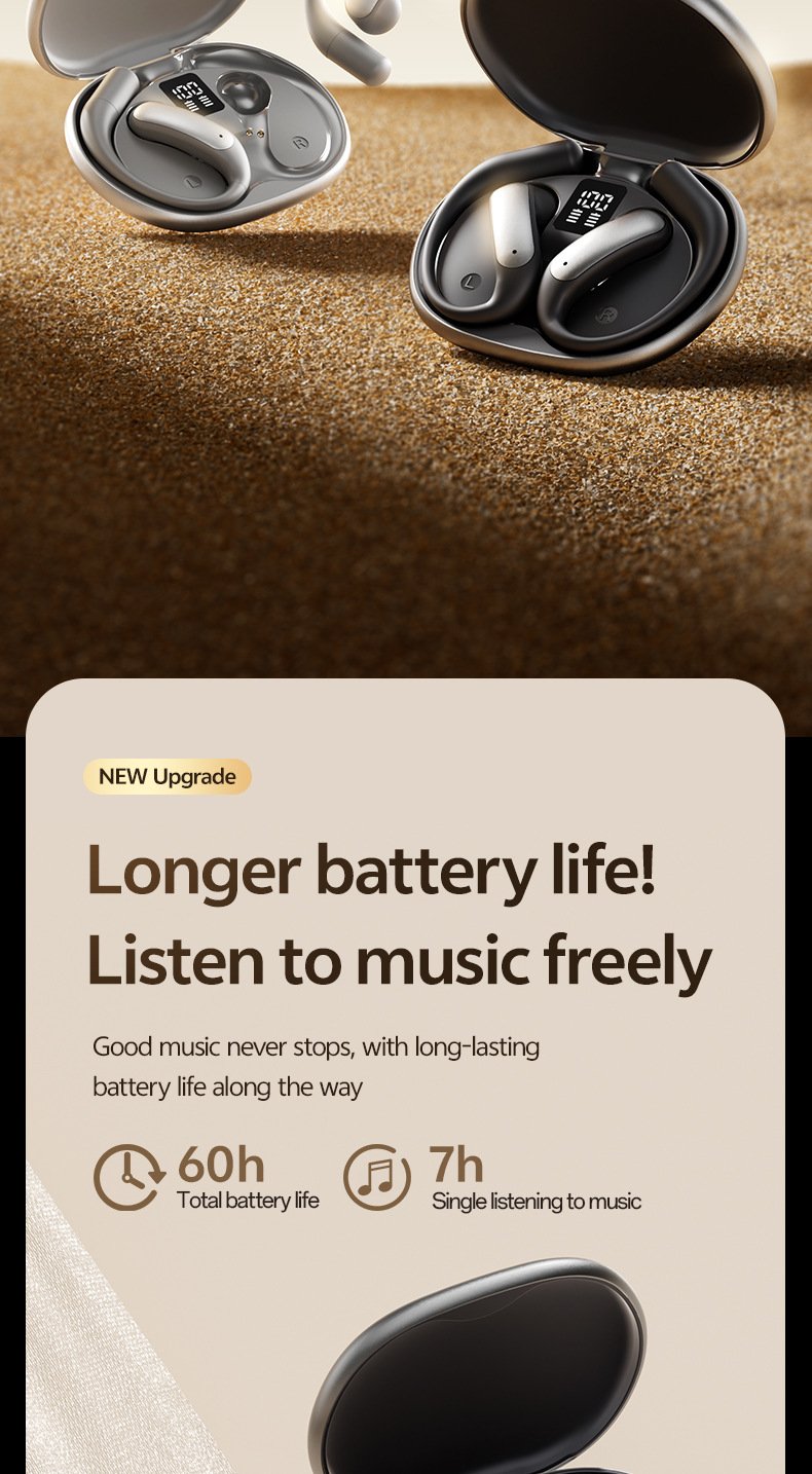 m129 ear hook bluetooth headphones, open back, wireless, long battery life, digital display