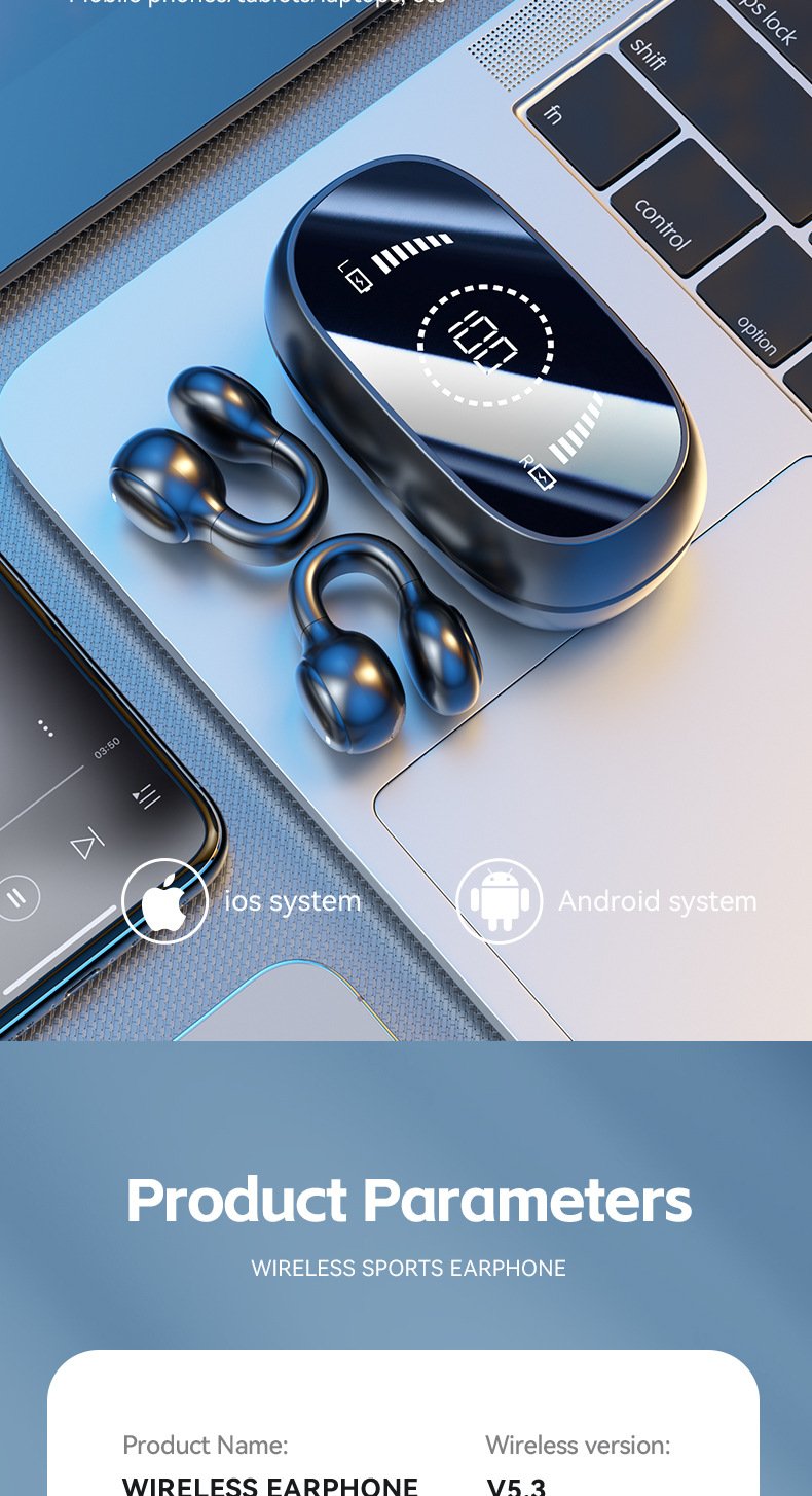 m47 ear clip type bone conduction bluetooth earphones non in ear sports digital display long range earphones