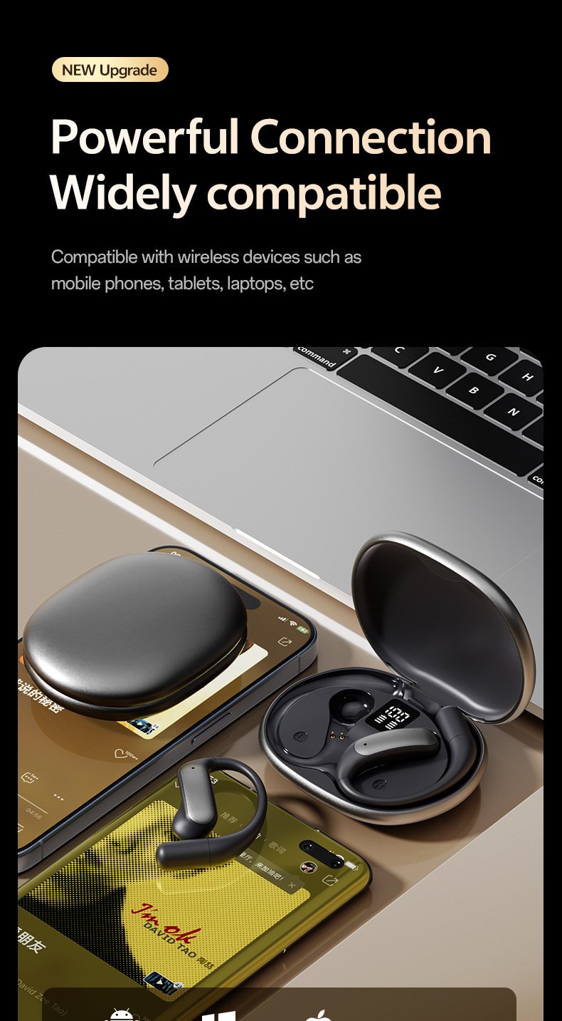 m129 ear hook bluetooth headphones, open back, wireless, long battery life, digital display