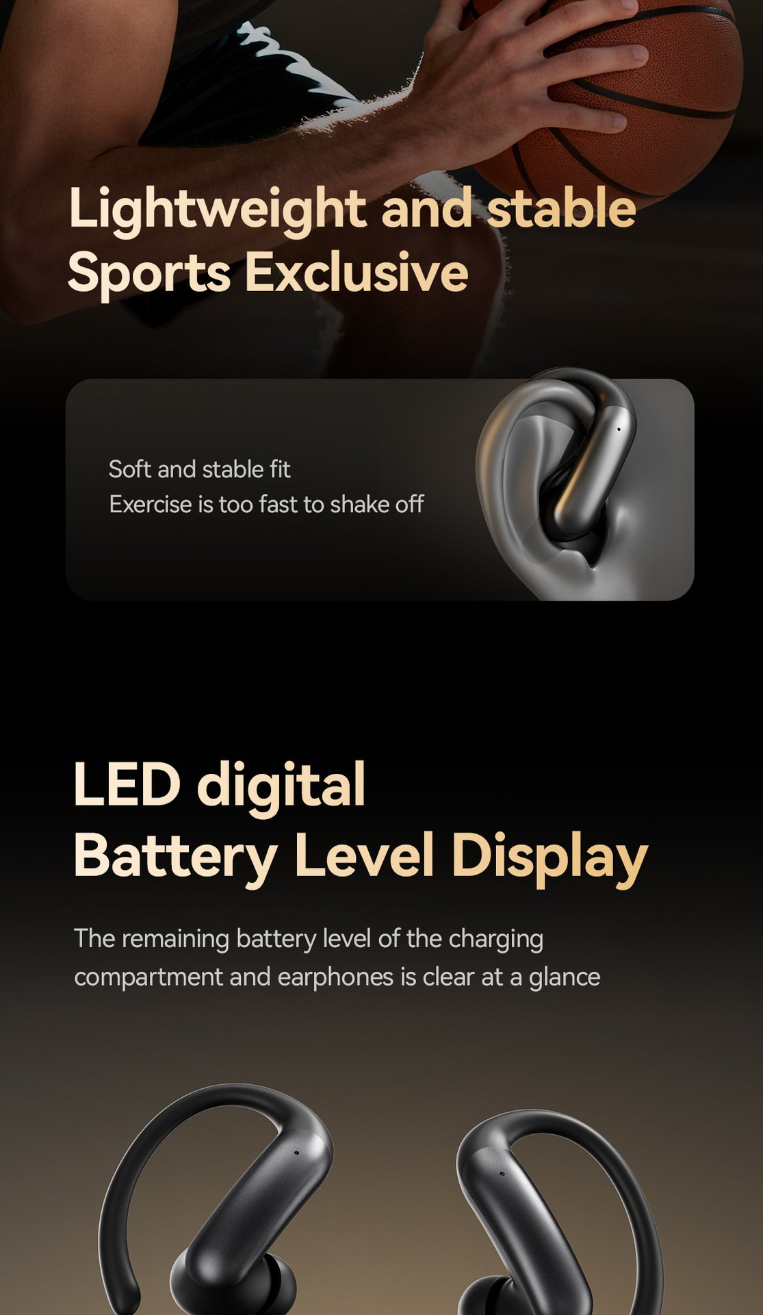 m145 ear hook bluetooth headphones — digital display, ows open ear design (insertable), ultra long battery life