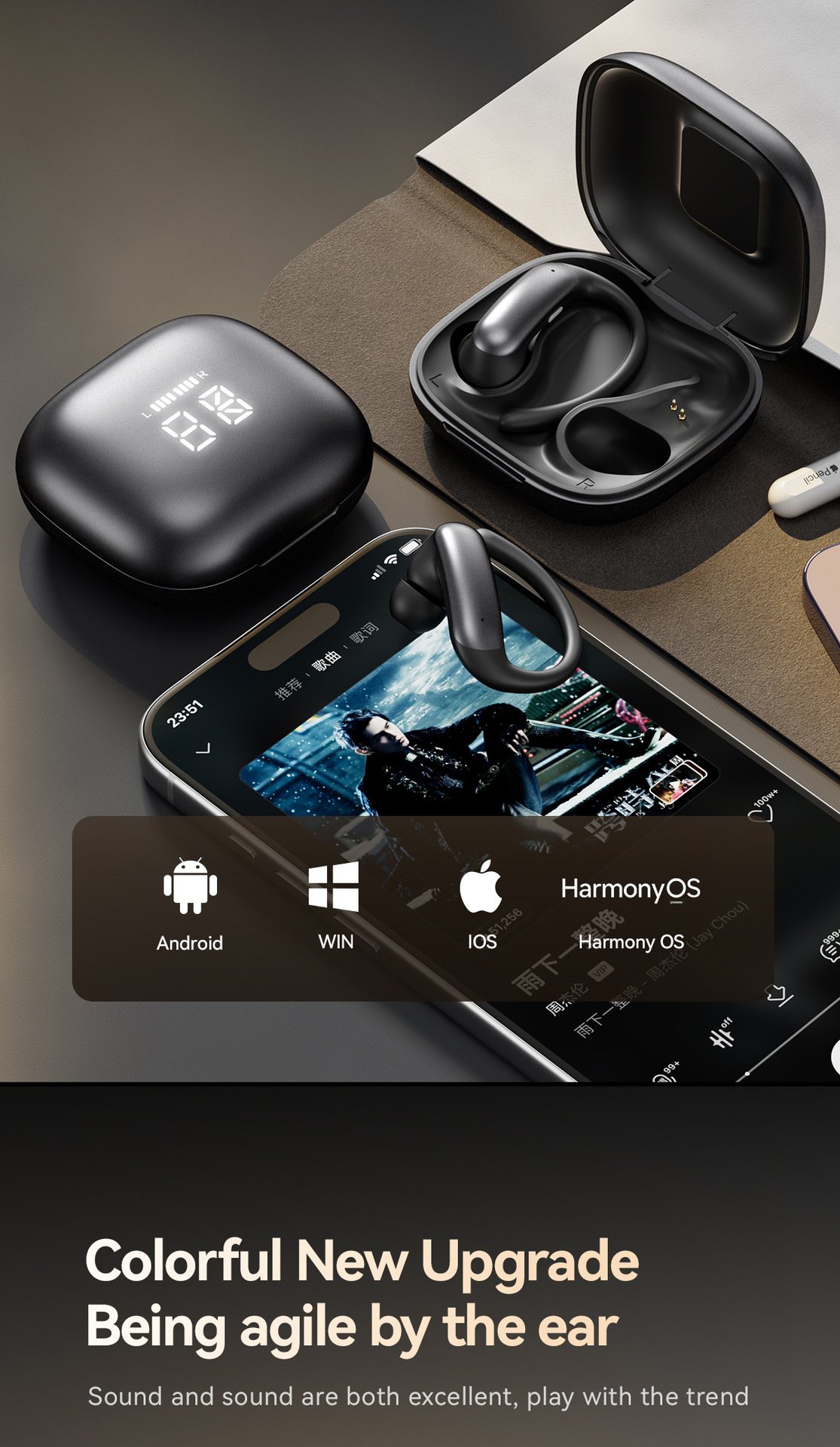 m145 ear hook bluetooth headphones — digital display, ows open ear design (insertable), ultra long battery life