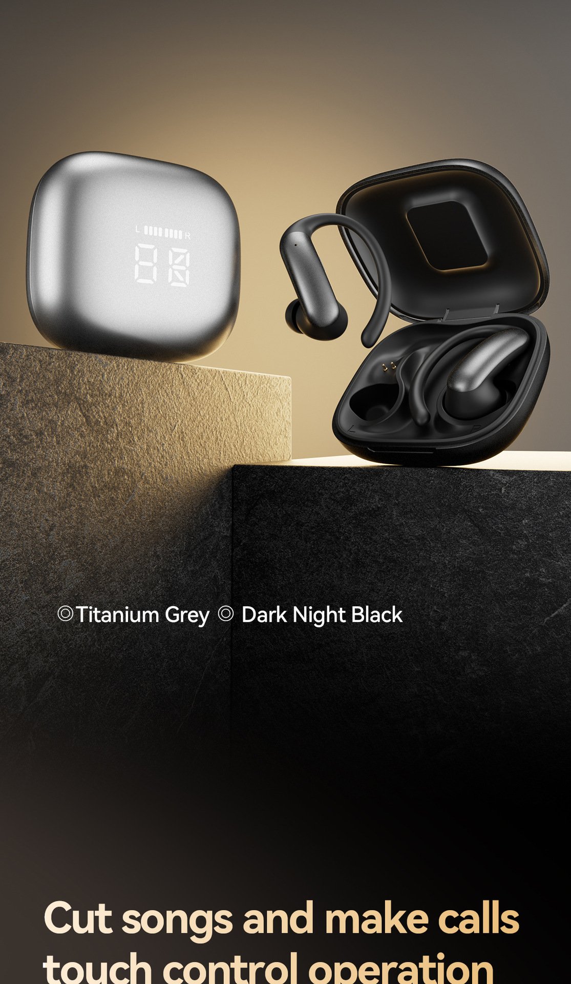 m145 ear hook bluetooth headphones — digital display, ows open ear design (insertable), ultra long battery life