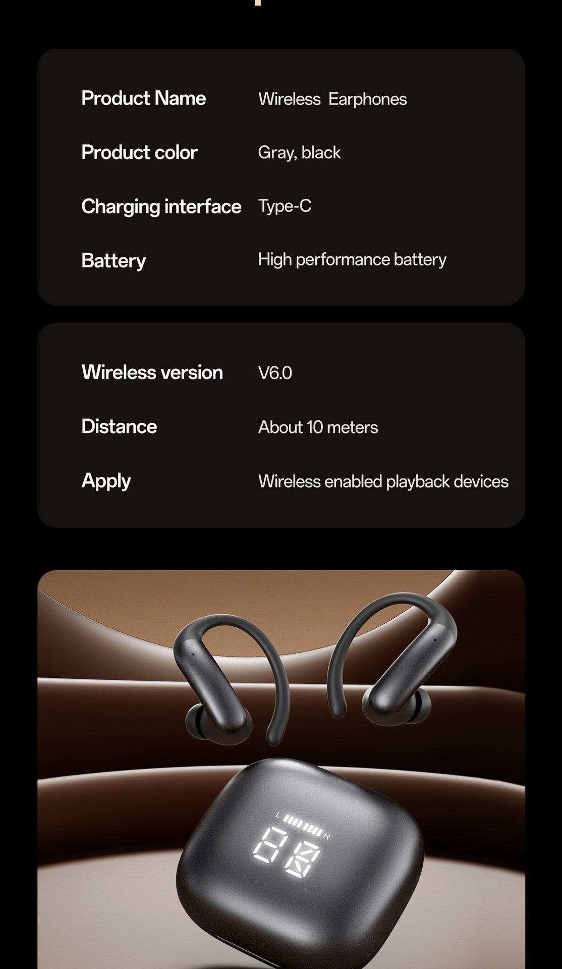 m145 ear hook bluetooth headphones — digital display, ows open ear design (insertable), ultra long battery life